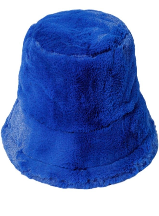 KORADI Womens Winter Bucket Hat Warm Faux Fur Hats Solid Color Wide Brim Caps(Royal Blue - Image 1
